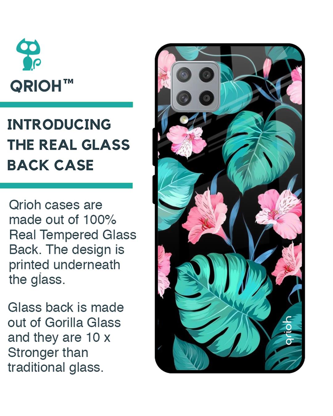 Shop Tropical Leaves & Pink Flowers Glass Case For Samsung Galaxy M42-Back