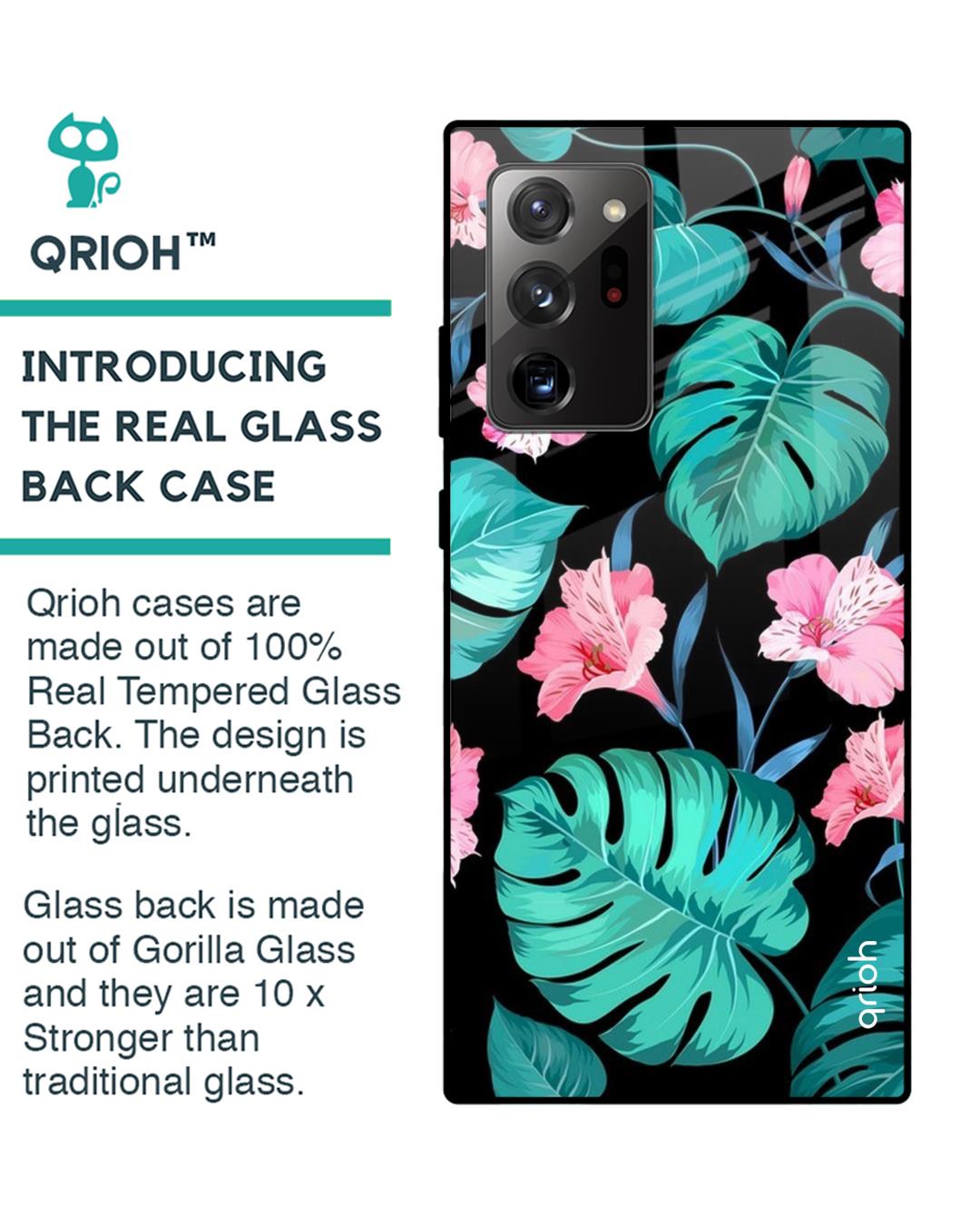Shop Tropical Leaves & Pink Flowers Glass Case For Samsung Galaxy Note 20 Ultra-Back