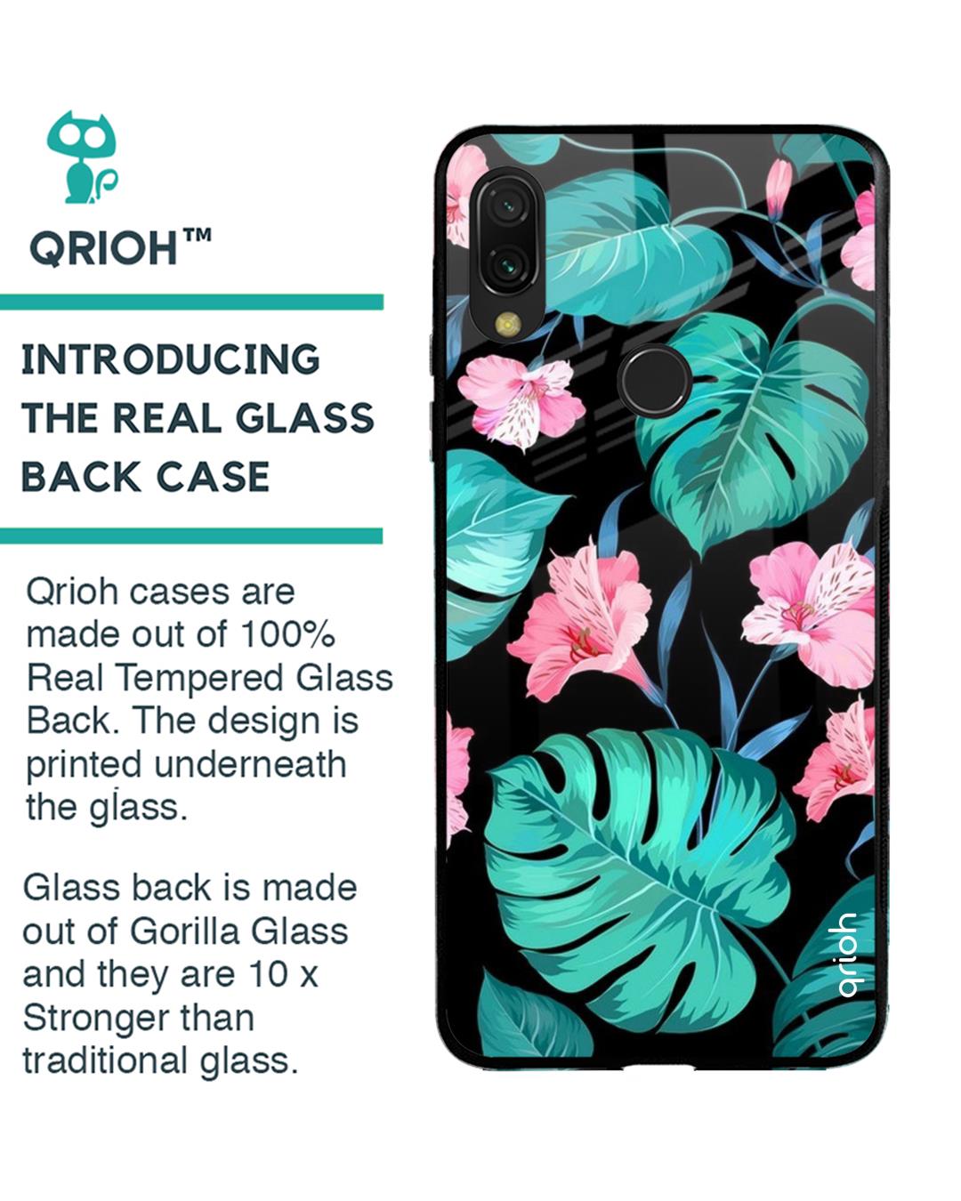 Shop Xiaomi Redmi Note 7 Pro Tropical Leaves & Pink Flowers Glass Case-Back