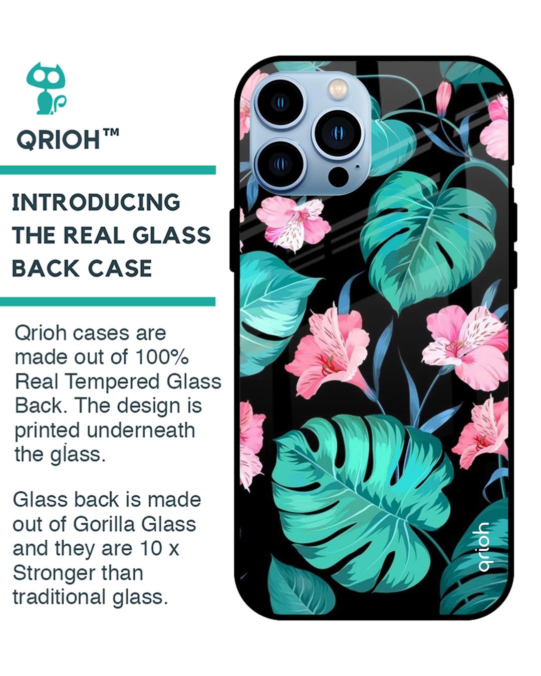 Shop Tropical Leaves & Pink Flowers Glass Case For Iphone 13 Pro Max-Back