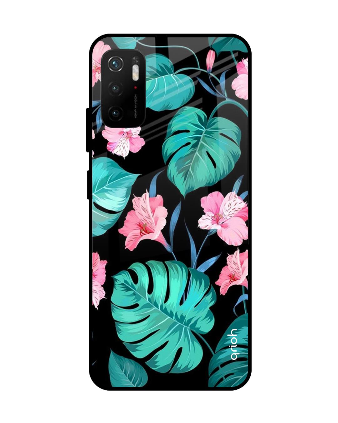 Buy Qrioh Tropical Leaves & Pink Flowers Glass case for Poco M3 Pro