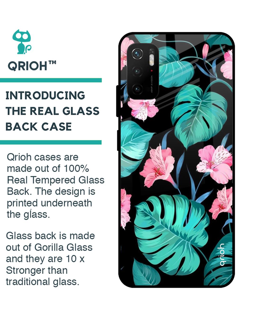 Shop Tropical Leaves & Pink Flowers Glass Case For Poco M3 Pro-Back