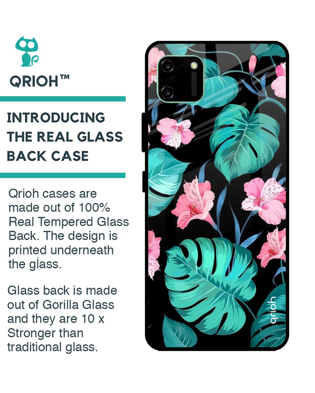Shop Tropical Leaves & Pink Flowers Glass Case For Realme C11-Back