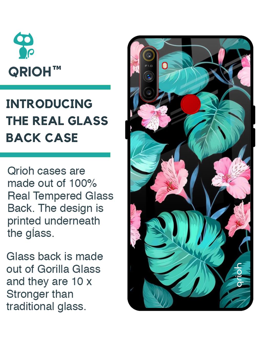 Shop Tropical Leaves & Pink Flowers Glass Case For Realme C3-Back