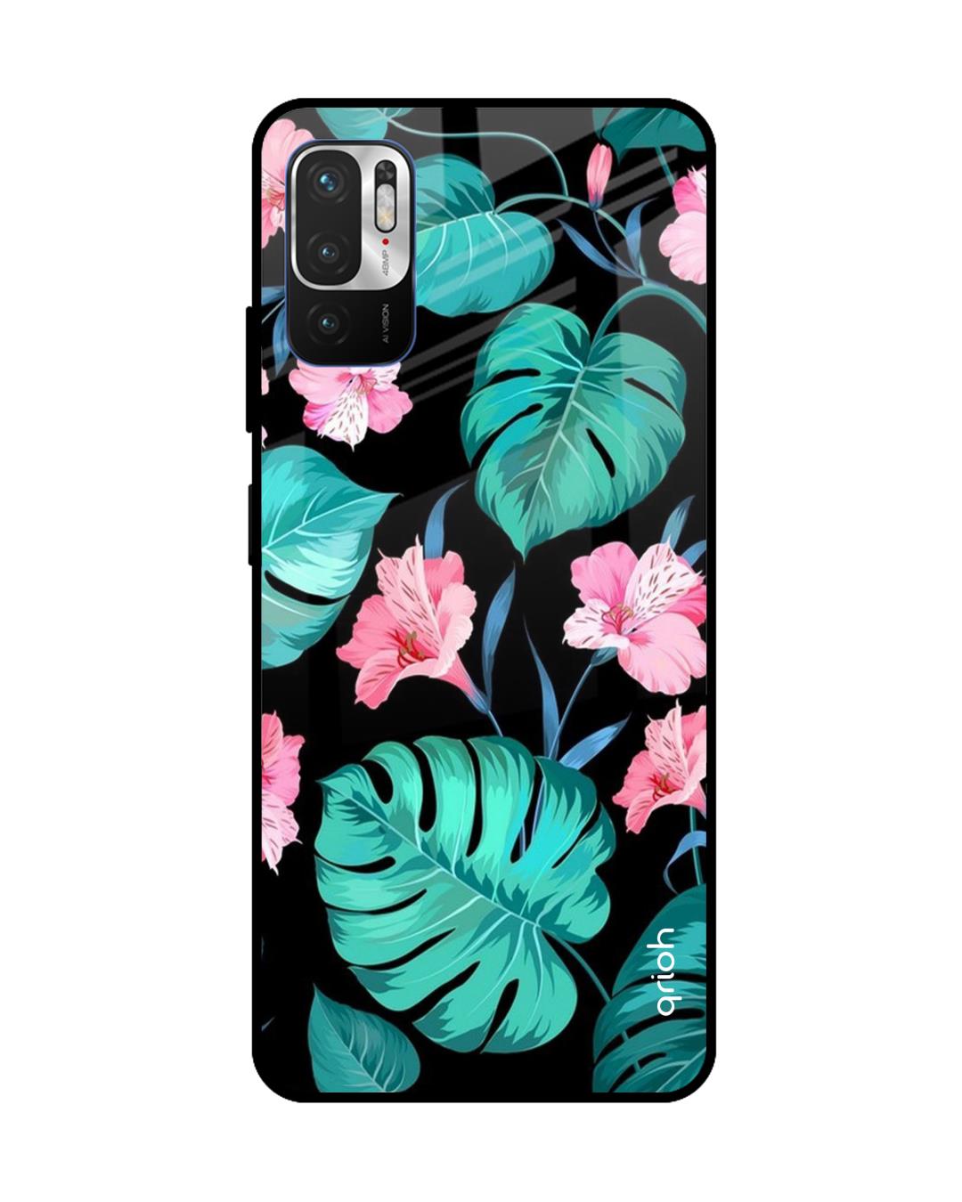 Buy Qrioh Tropical Leaves & Pink Flowers Glass case for Redmi Note 10T