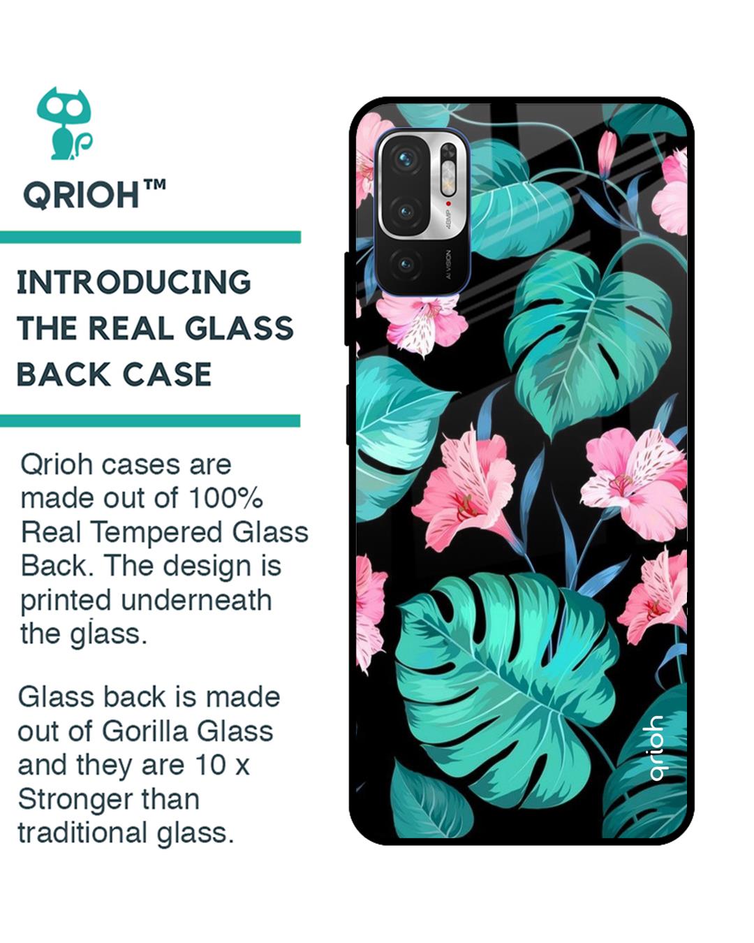 Shop Tropical Leaves & Pink Flowers Glass Case For Redmi Note 10t 5g-Back