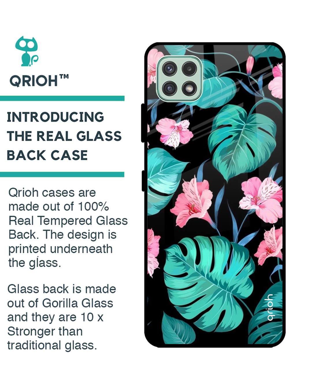 Shop Tropical Leaves & Pink Flowers Glass Case For Samsung Galaxy A22 5g-Back
