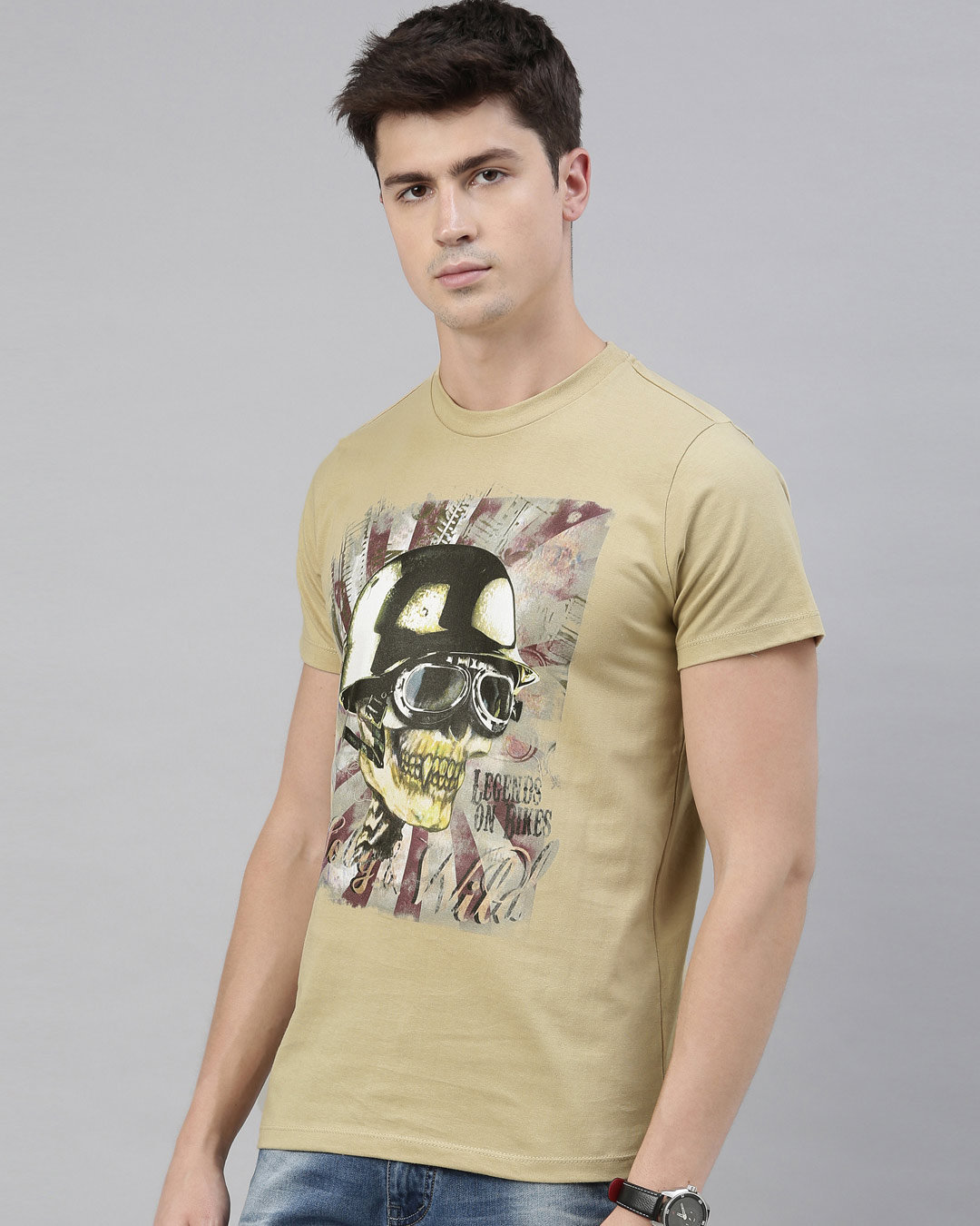 Shop Men's Beige Organic Cotton Half Sleeves T-Shirt-Back