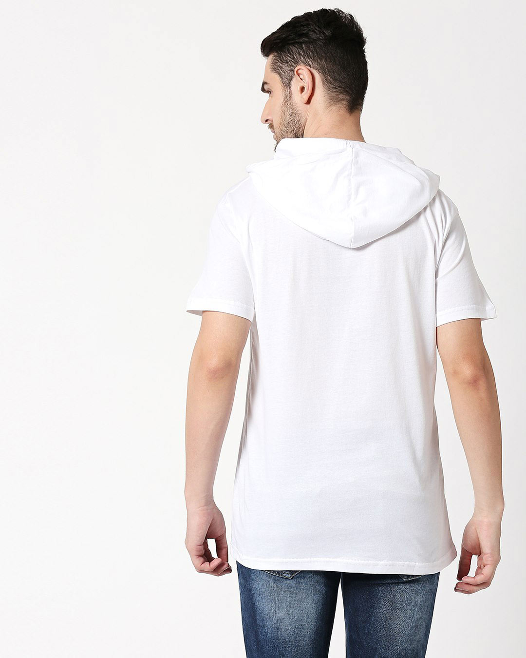 Shop Rebel Stripe Half Sleeve Hoodie T-shirt White-Back