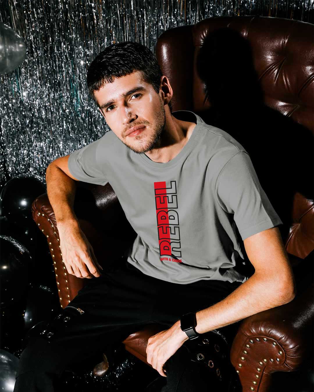 

Rebel Stripe Half Sleeve T-Shirt Meteor Grey Men' Printed T-Shirts Bewakoof.com