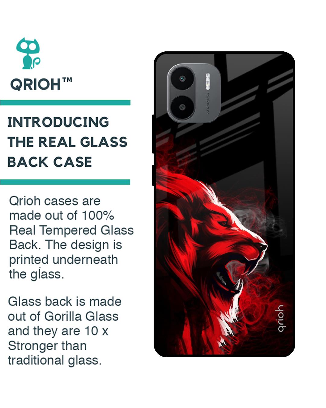 Shop Red Angry Lion Printed Premium Glass Case for Redmi A1plus (Shock Proof,Scratch Resistant)-Back