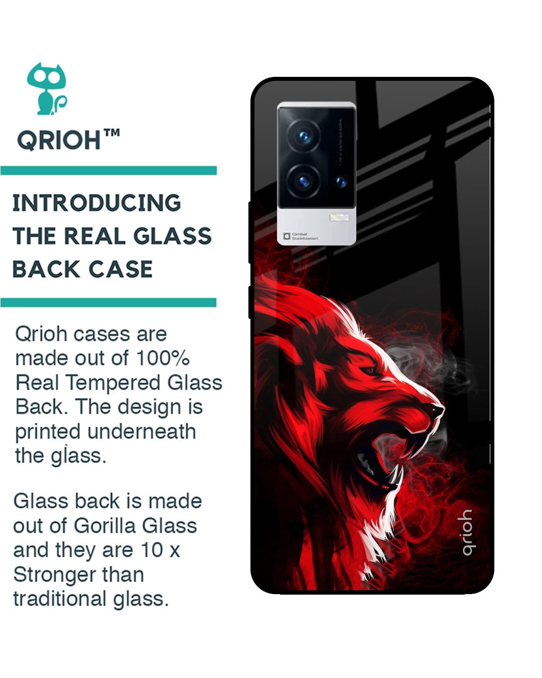 Shop Red Angry Lion Printed Premium Glass Cover for IQOO9 5G (Shock Proof, Scratch Resistant)-Back