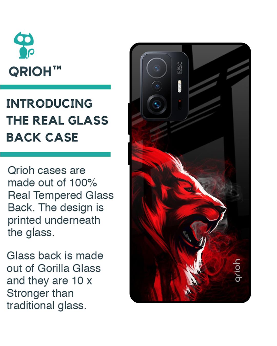 Shop Red Angry Lion Printed Premium Glass Cover For Mi 11T Pro 5G (Impact Resistant, Matte Finish)-Back