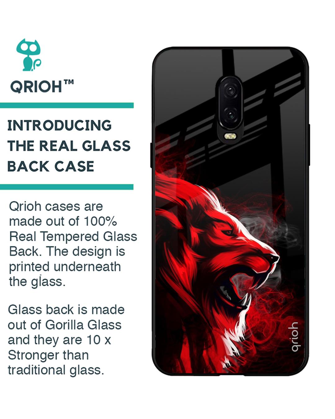 Shop Red Angry Lion Printed Premium Glass Cover For OnePlus 6T (Impact Resistant, Matte Finish)-Back