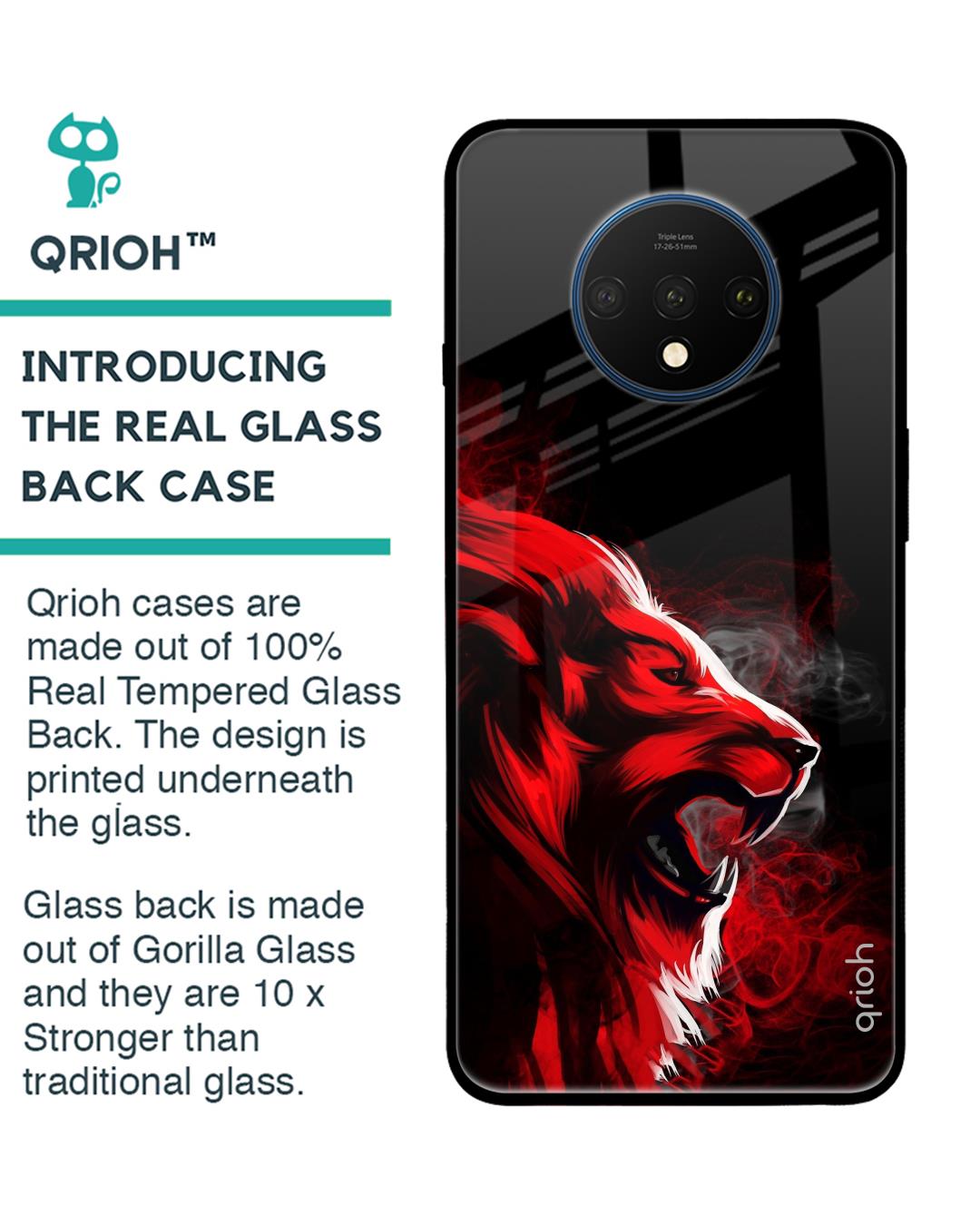 Shop Red Angry Lion Printed Premium Glass Cover For OnePlus 7T (Impact Resistant, Matte Finish)-Back