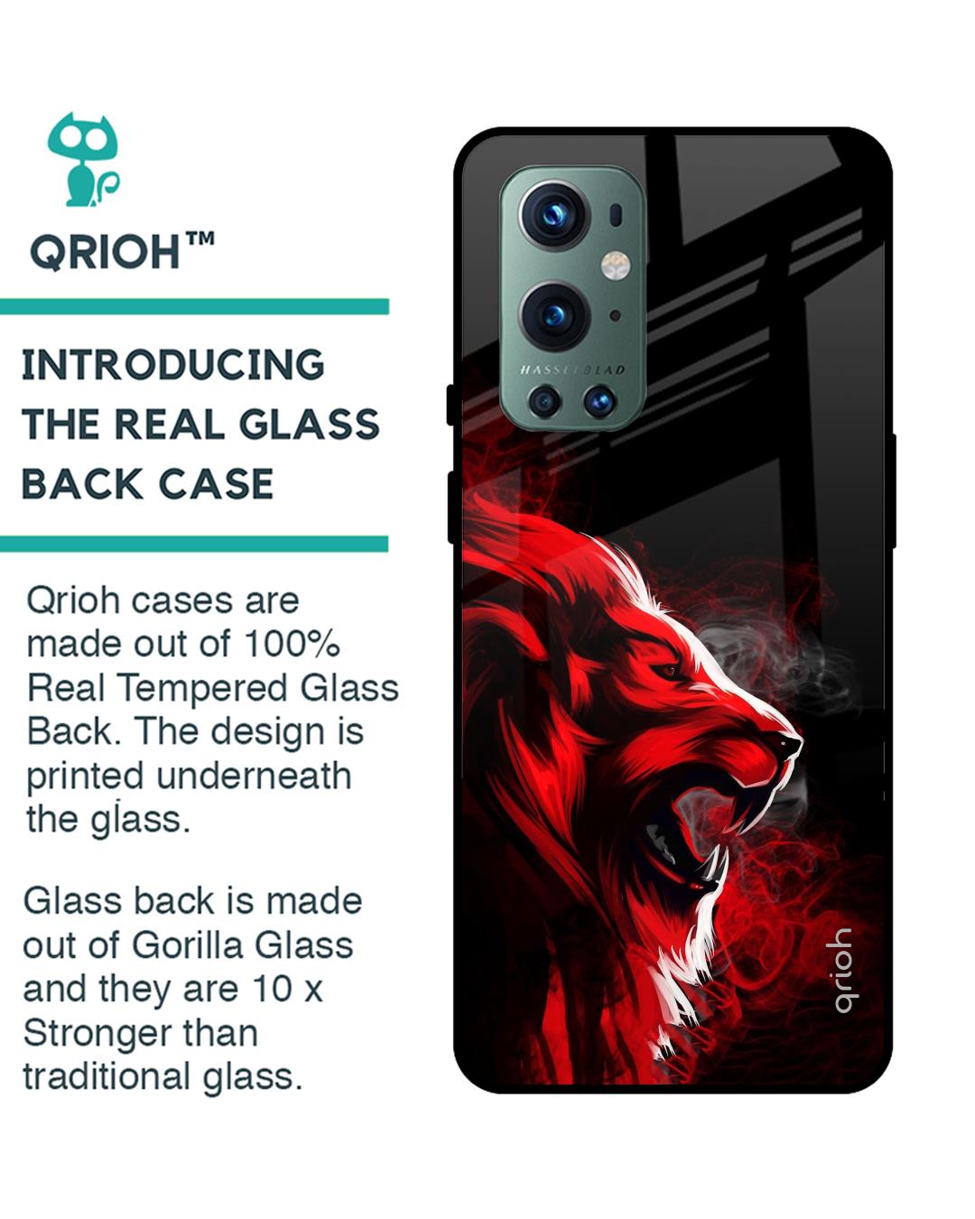 Shop Red Angry Lion Printed Premium Glass Cover For OnePlus 9 Pro (Impact Resistant, Matte Finish)-Back