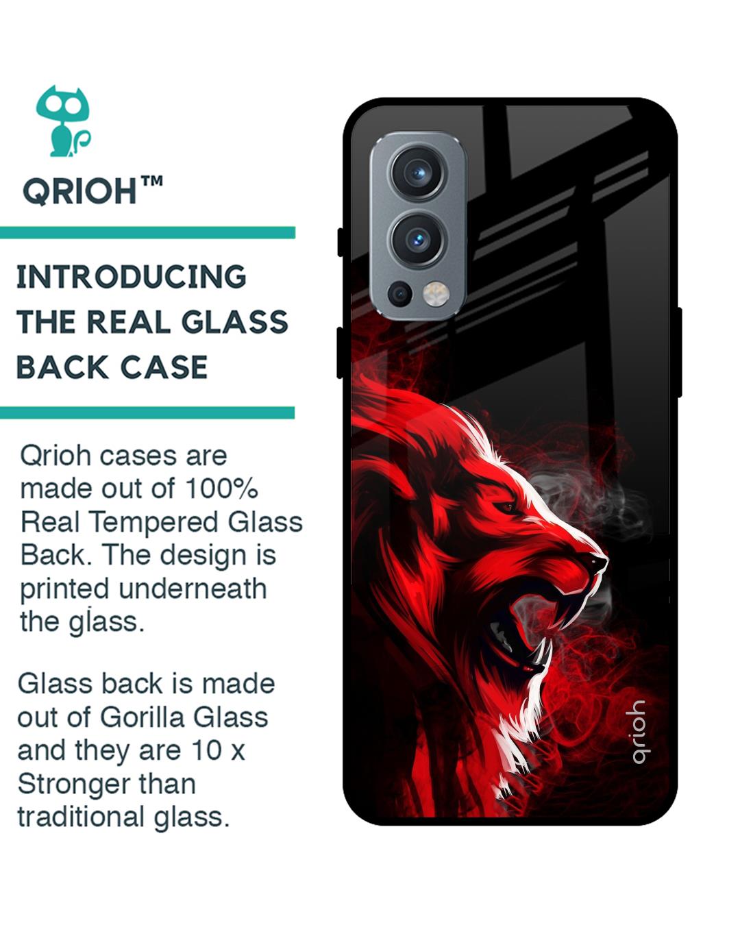 Shop Red Angry Lion Printed Premium Glass Cover For OnePlus Nord 2 5G (Impact Resistant, Matte Finish)-Back