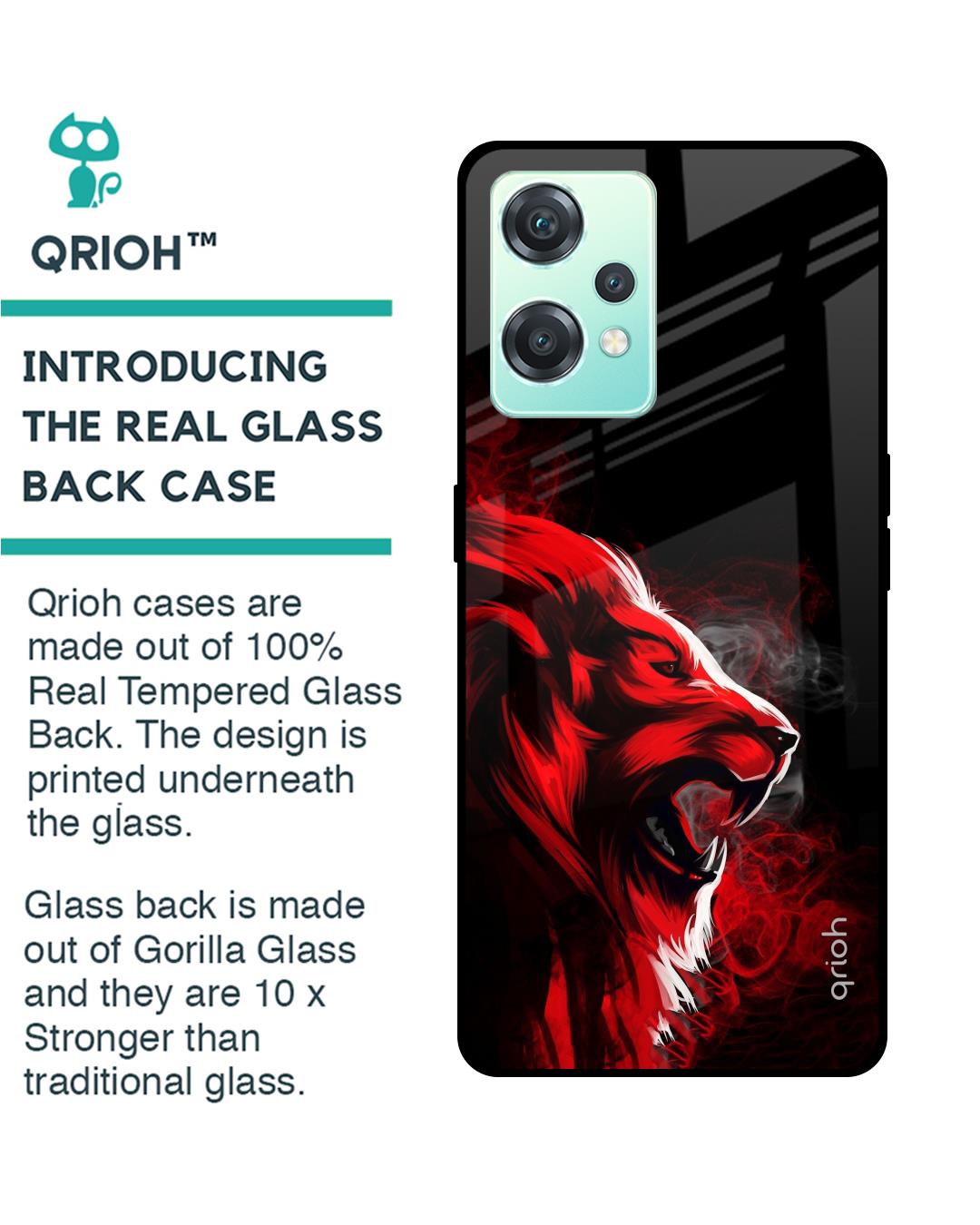 Shop Red Angry Lion Printed Premium Glass Cover For OnePlus Nord CE 2 Lite 5G (Matte Finish)-Back