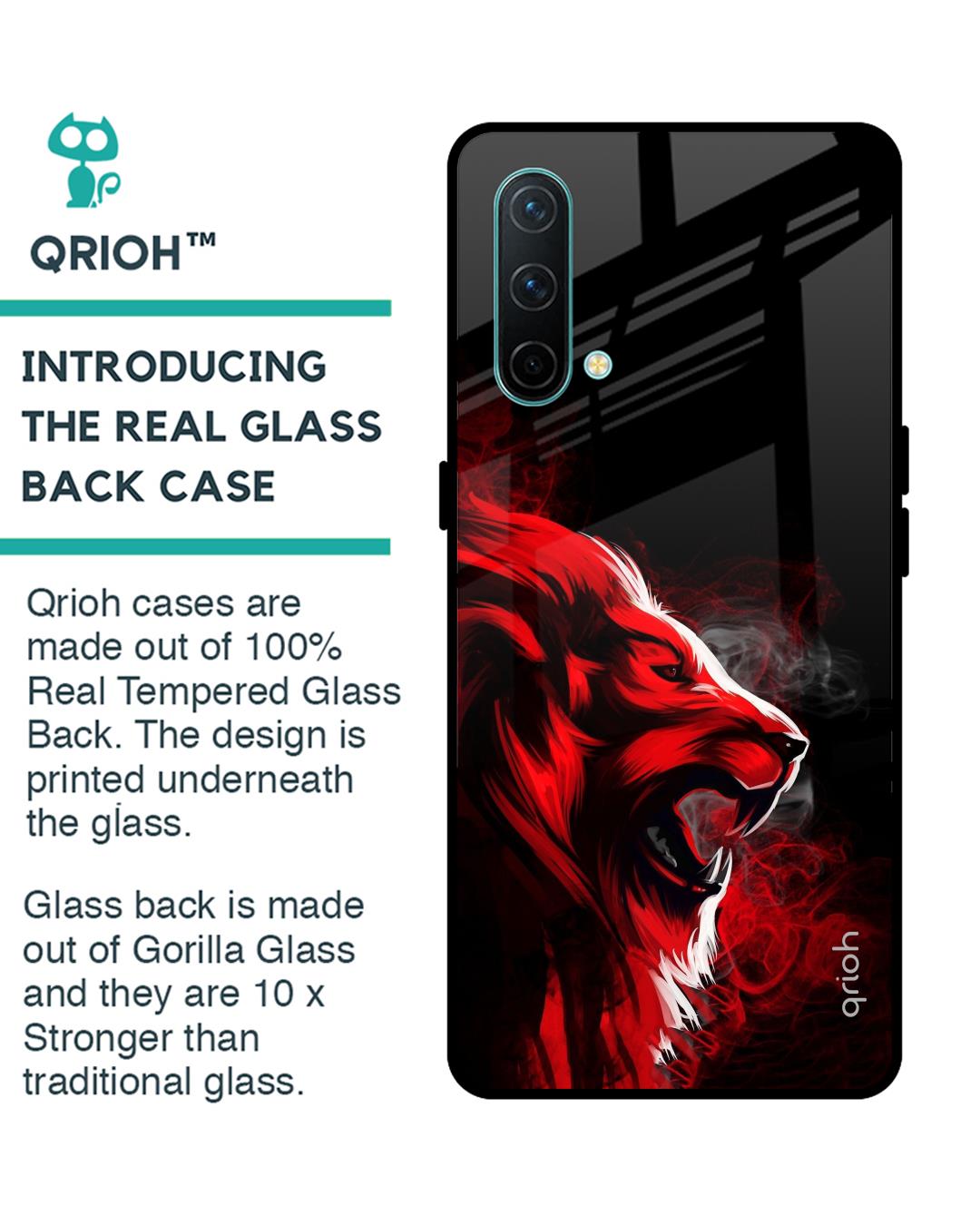 Shop Red Angry Lion Printed Premium Glass Cover For OnePlus Nord CE (Impact Resistant, Matte Finish)-Back
