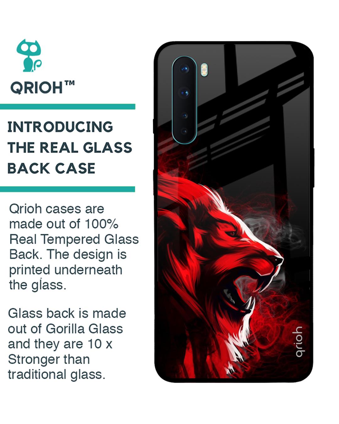 Shop Red Angry Lion Printed Premium Glass Cover For OnePlus Nord (Impact Resistant, Matte Finish)-Back