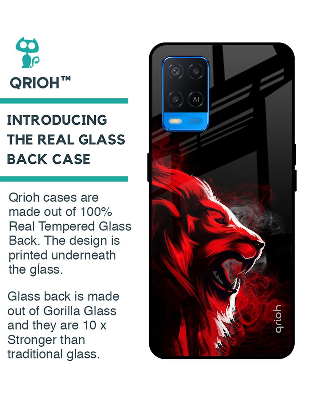 Shop Red Angry Lion Printed Premium Glass Cover For Oppo A54 (Impact Resistant, Matte Finish)-Back
