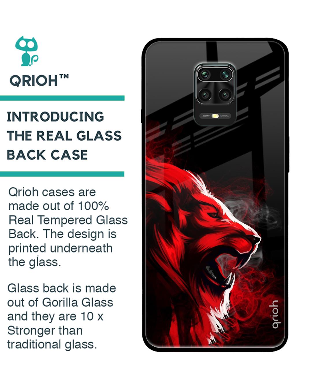 Shop Red Angry Lion Printed Premium Glass Cover For Xiaomi Redmi Note 9 Pro (Matte Finish)-Back