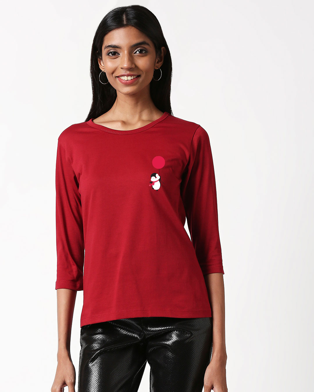 Shop Red Ballon Penguin 3/4 Sleeves T-Shirt-Back