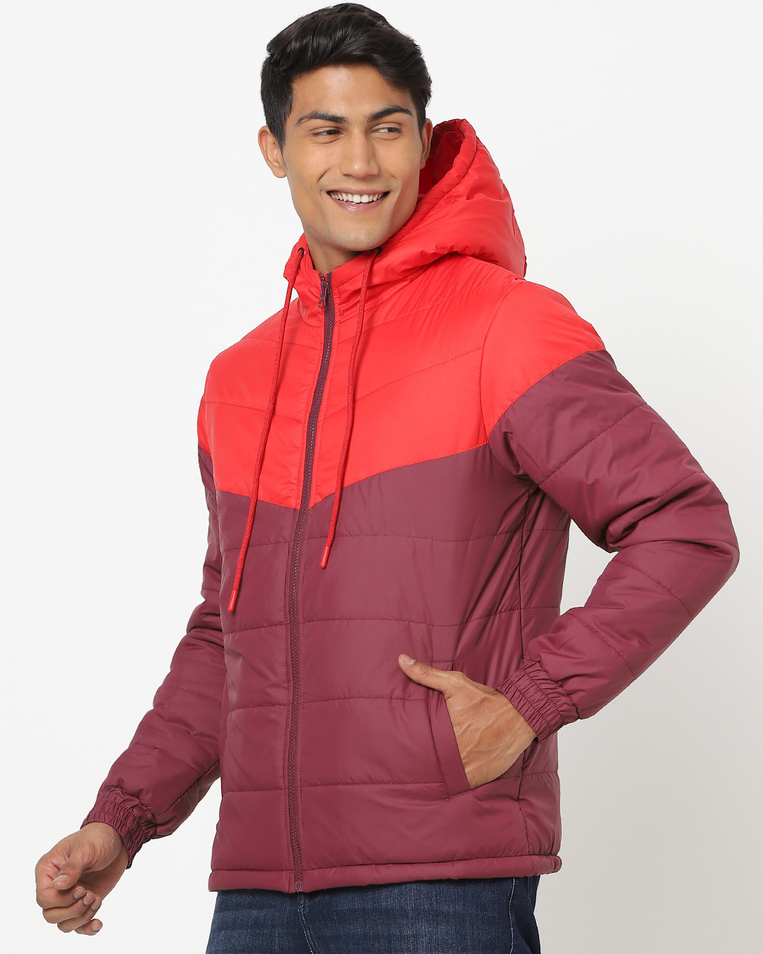 Shop Men's Red Color Block Hooded Puffer Jacket-Back
