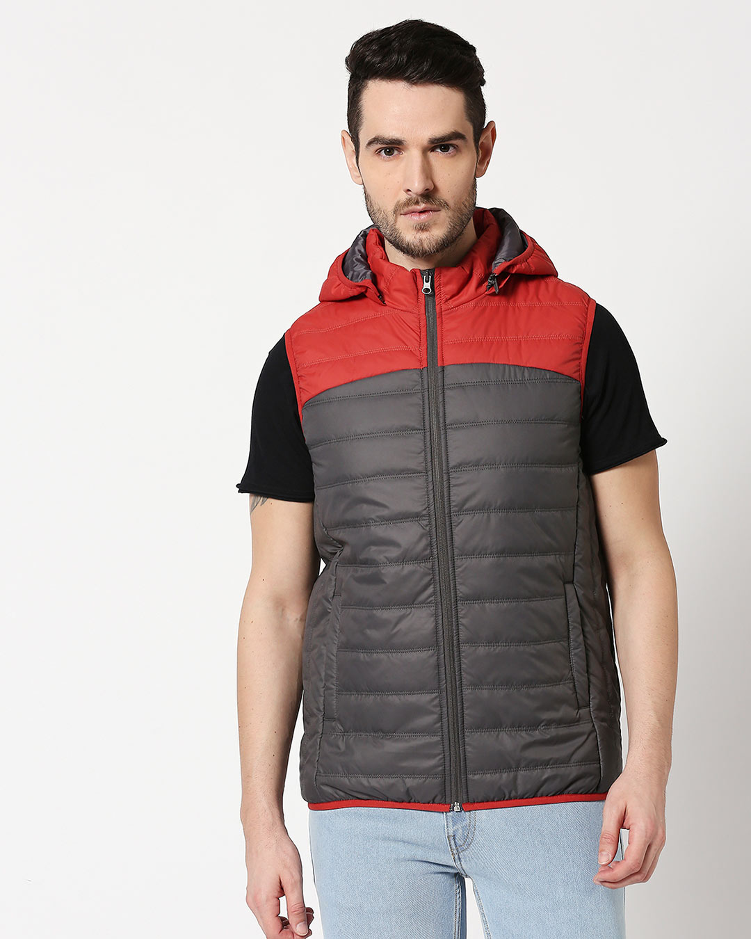 Shop Men's Red & Grey Puffer Jacket With Detachable Hoodie-Back