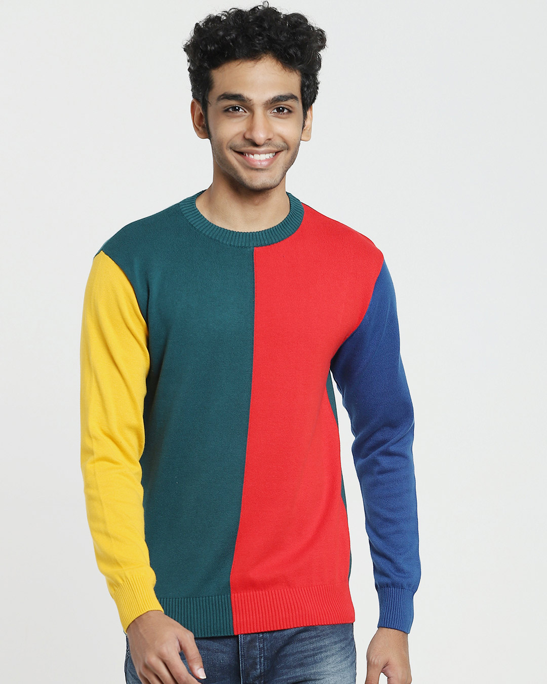 Shop Men's Blue & Red Color Block Flat Knit Sweater-Back