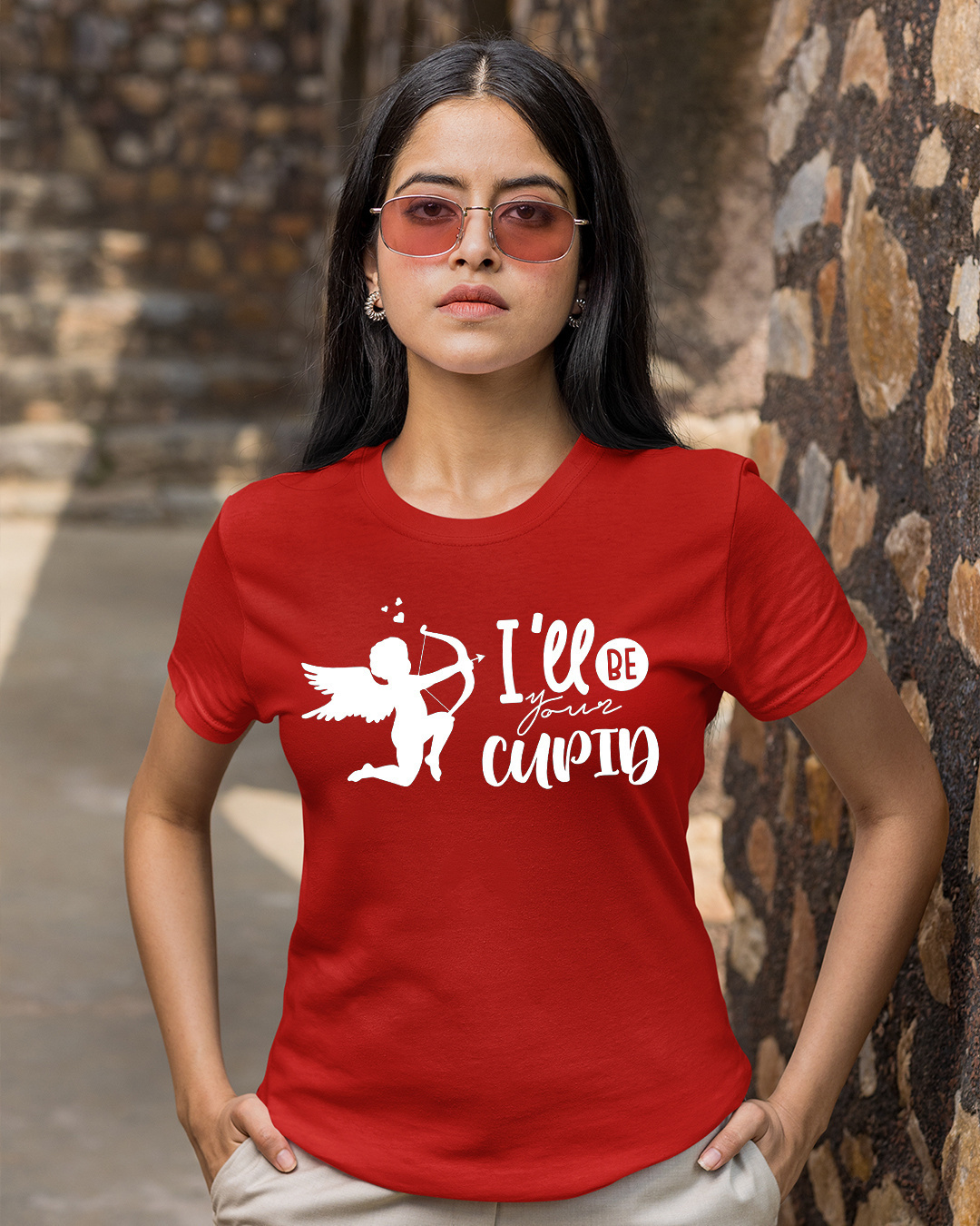 Shop Pack of 2 Red I'll Be Your Cupid Typography Cotton T-shirt-Back