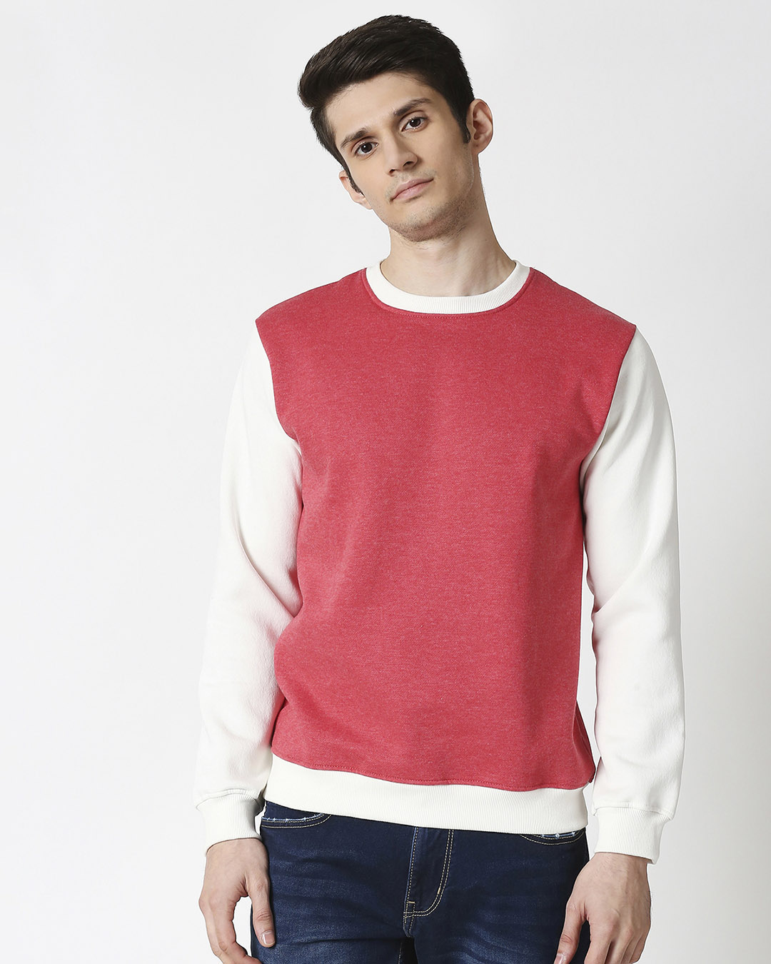 Shop Red Melange Contrast Sleeve Fleece Sweatshirt-Back