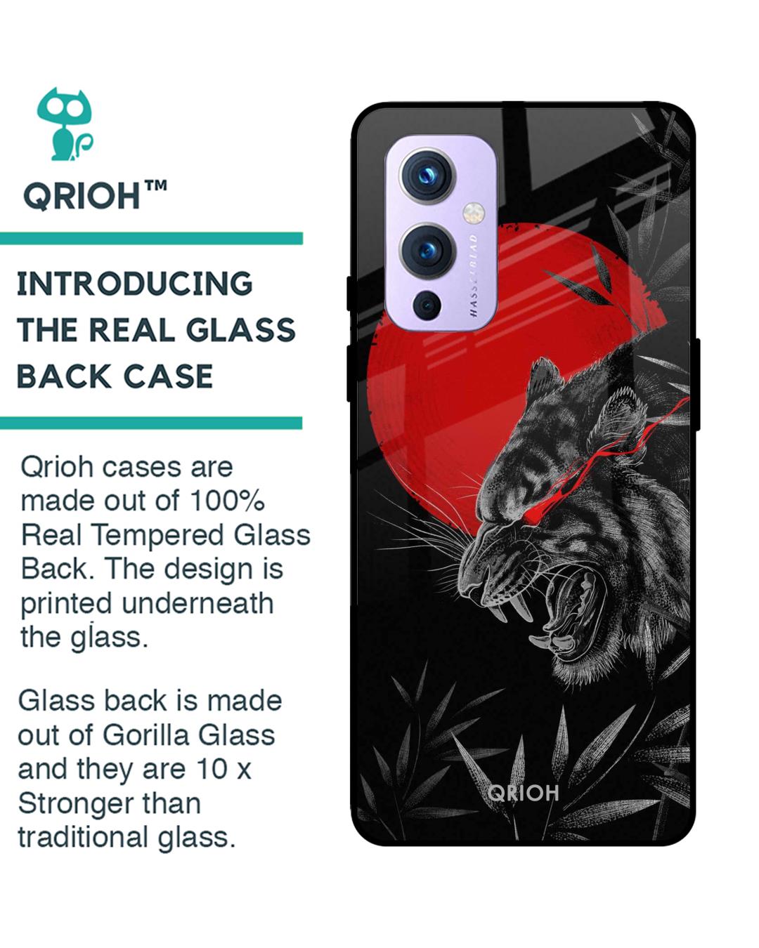 Shop Red Moon Tiger Printed Premium Glass Cover For OnePlus 9 (Impact Resistant, Matte Finish)-Back