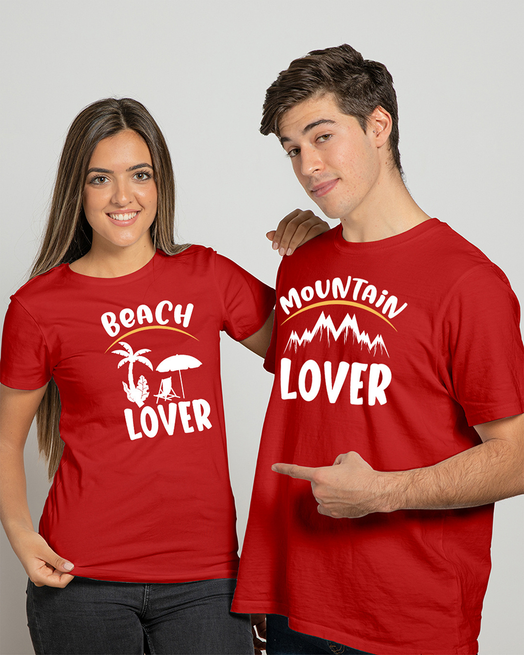 Buy Pack of 2 Unisex Red Mountain And Beach Typography Couple T-shirts ...