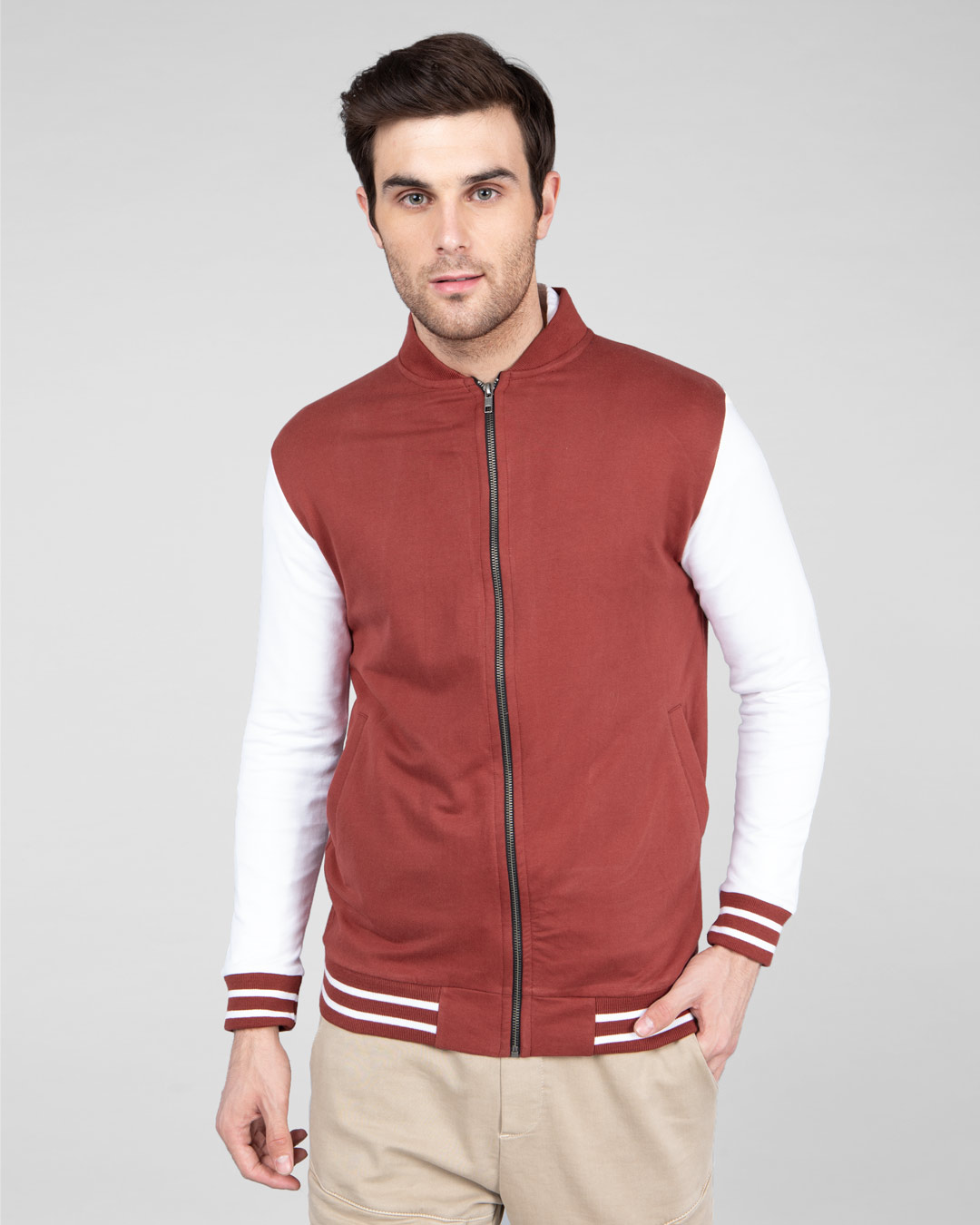 Shop Men's Red & White Color Block Varsity Bomber Jacket-Back