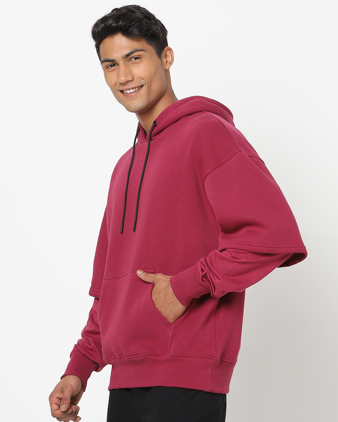 Shop Men's Plum Red Oversized Layered Hoodie-Back