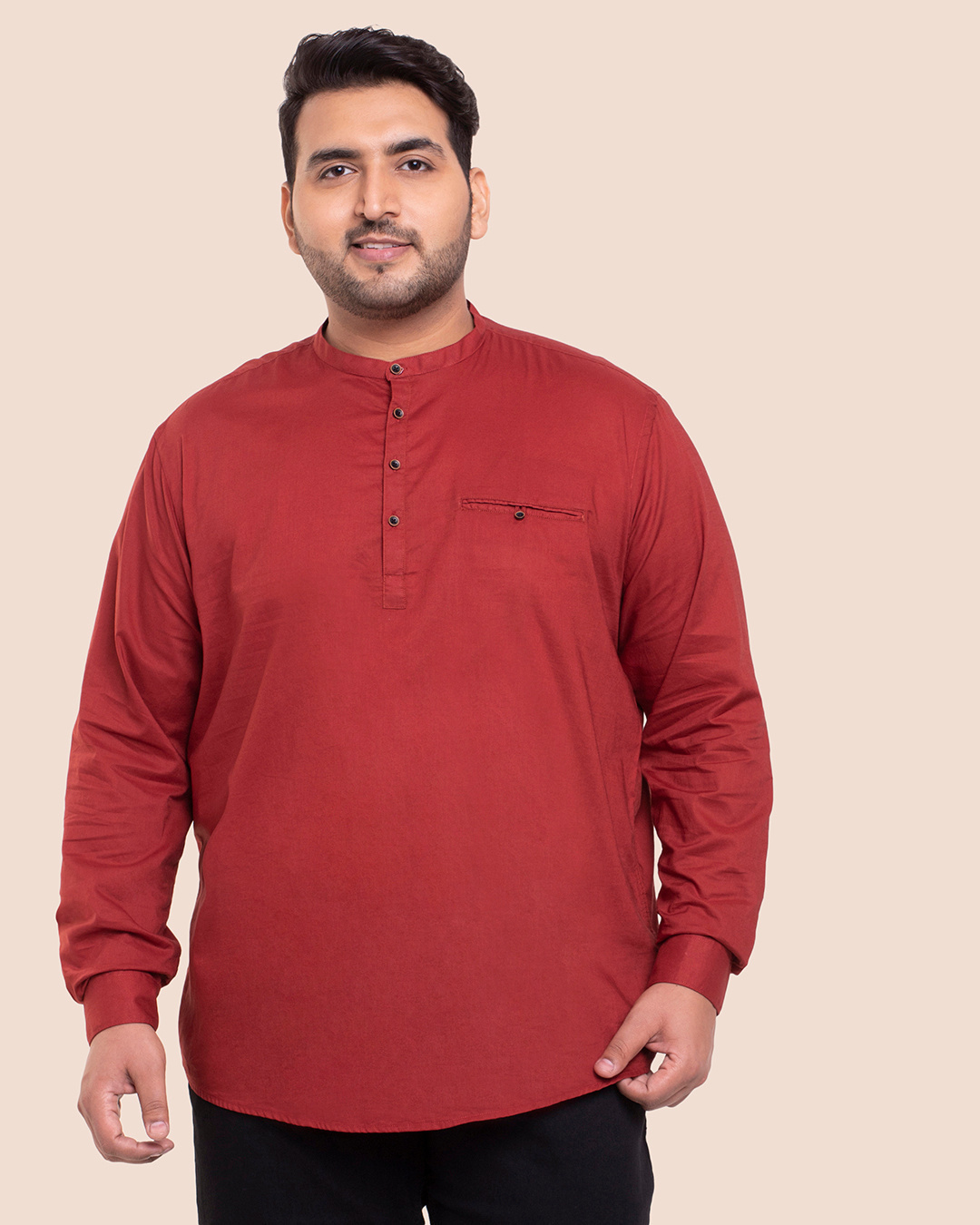 Shop Red Plus Size Solid Mandarin Collar Shirt-DAVE-Back