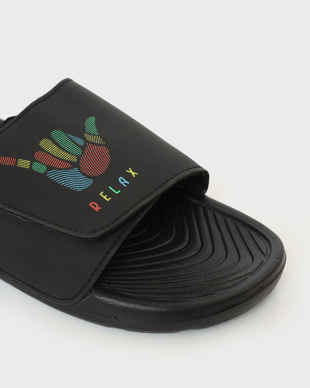 Buy Men's Black Relax Printed Adjustable Strap Comfysole Sliders Online in  India at Bewakoof