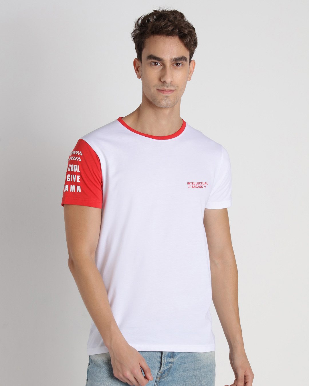 Shop Retoro Red Color Block Sleeve T-Shirt-Back