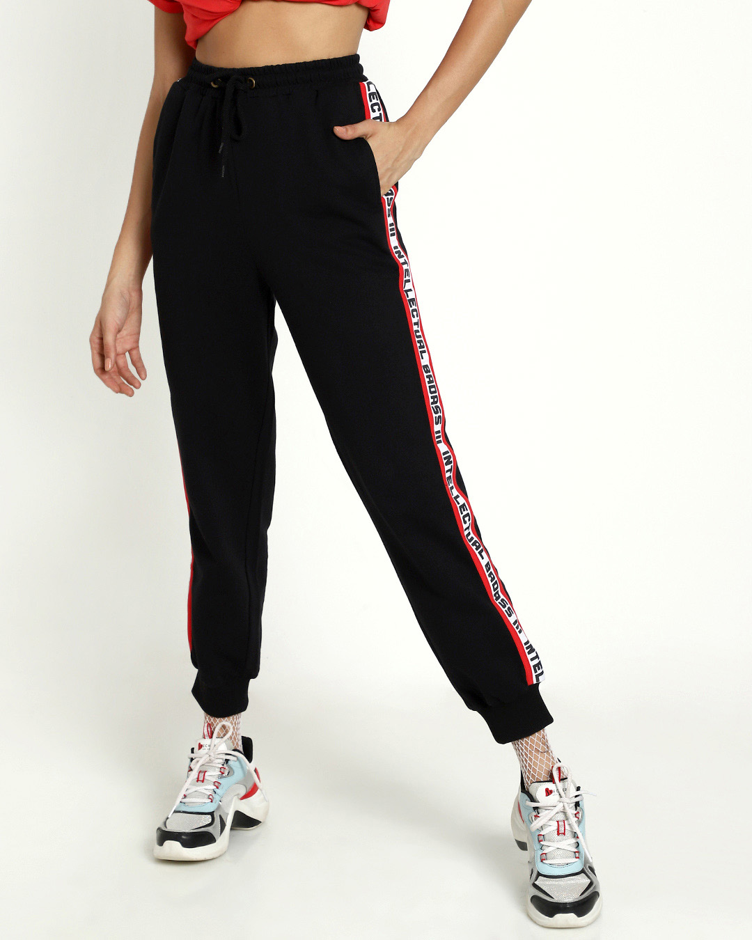 Shop Women's Red Side Striped Joggers-Back