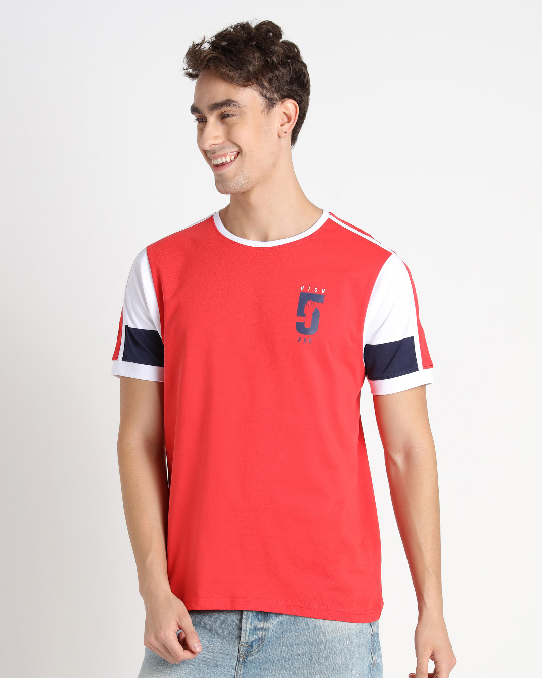 Shop Retro Red Sleeve Color Block T-Shirt-Back