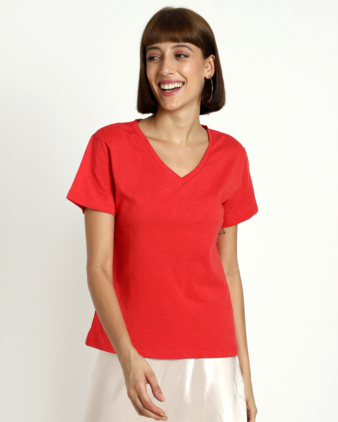 Shop Women's Retro Red V-Neck T-shirt-Back
