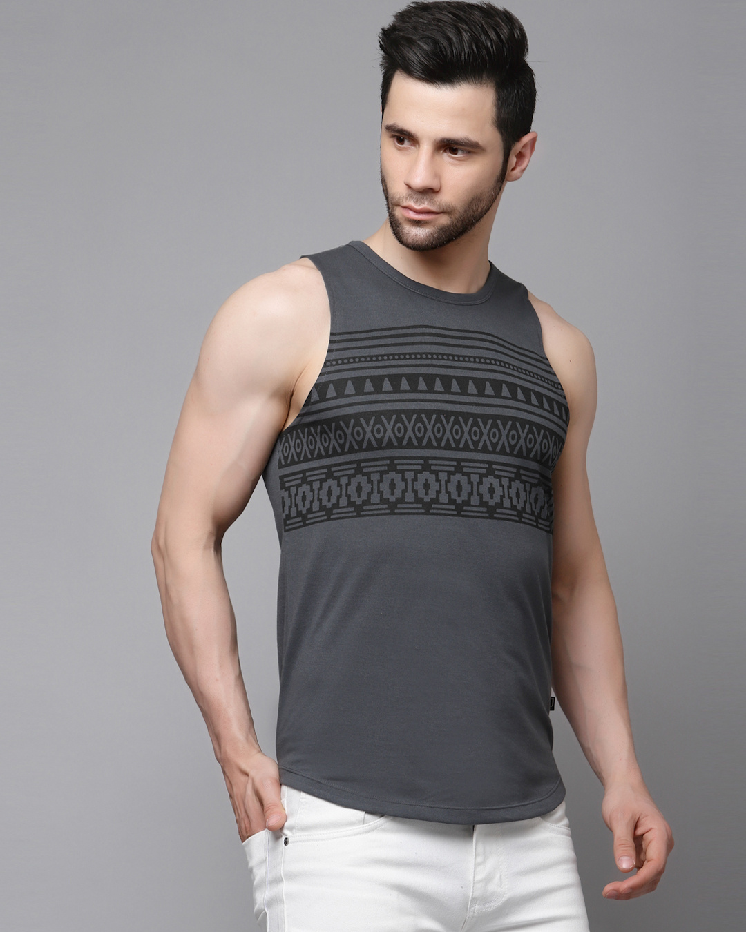 Shop Men's Dark Grey Striped Slim Fit Vest-Back