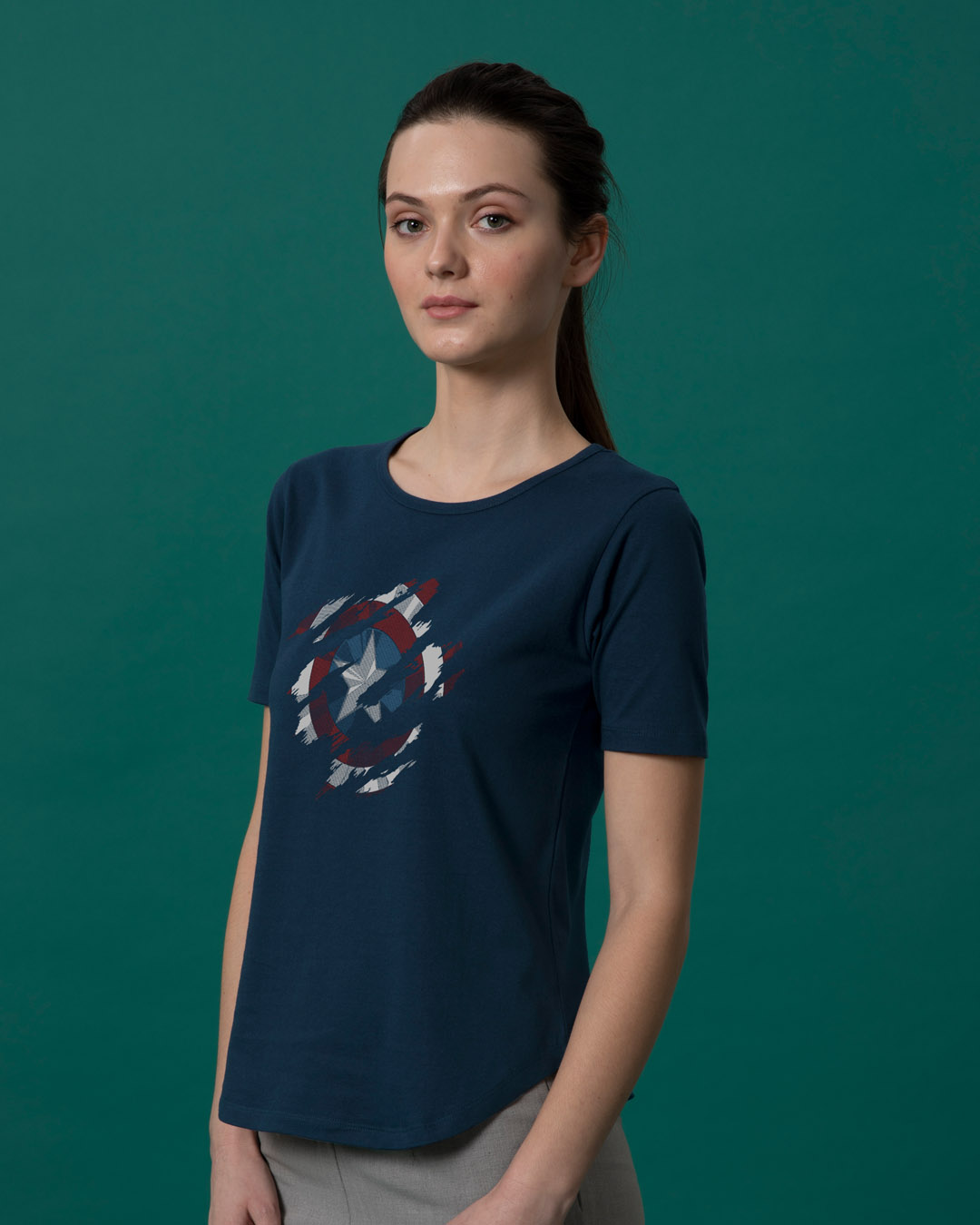 Shop Ripped Captain America Basic Round Hem T-Shirt (AVL)-Back