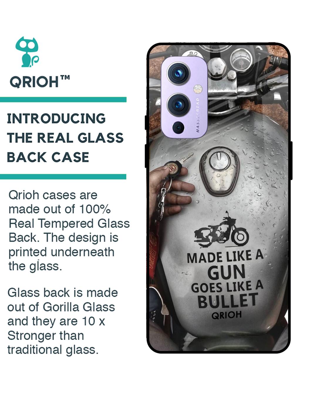 Shop Royal Bike Typography Premium Glass Cover For OnePlus 9 (Impact Resistant, Matte Finish)-Back