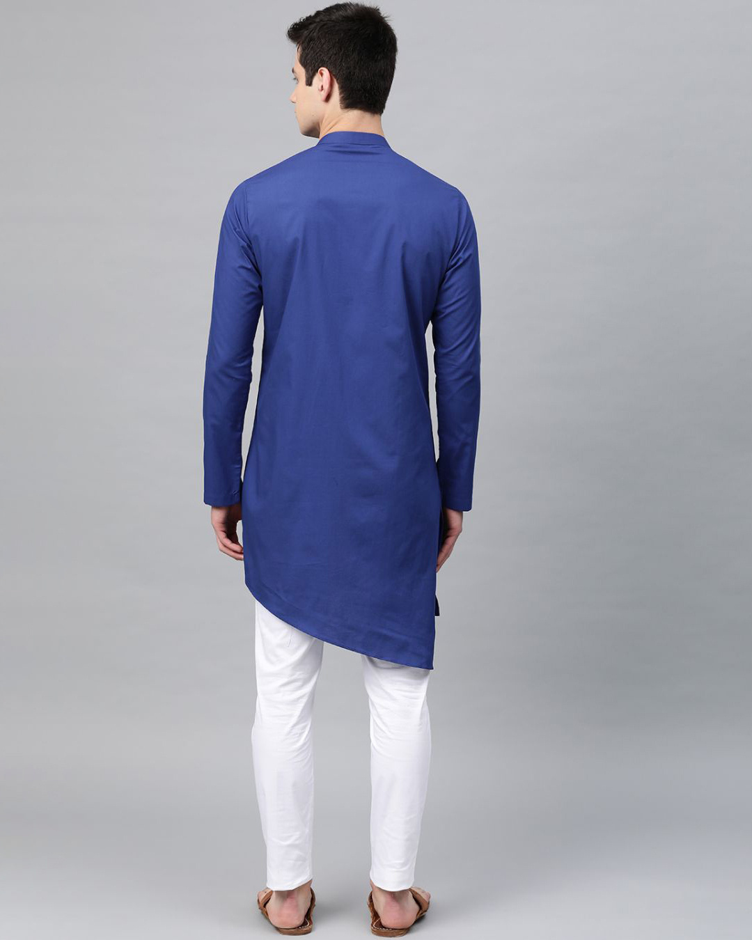 Shop Royal Blue Solid Straight Kurta With Yoke Thread Work With Kurta Pyjama-Back