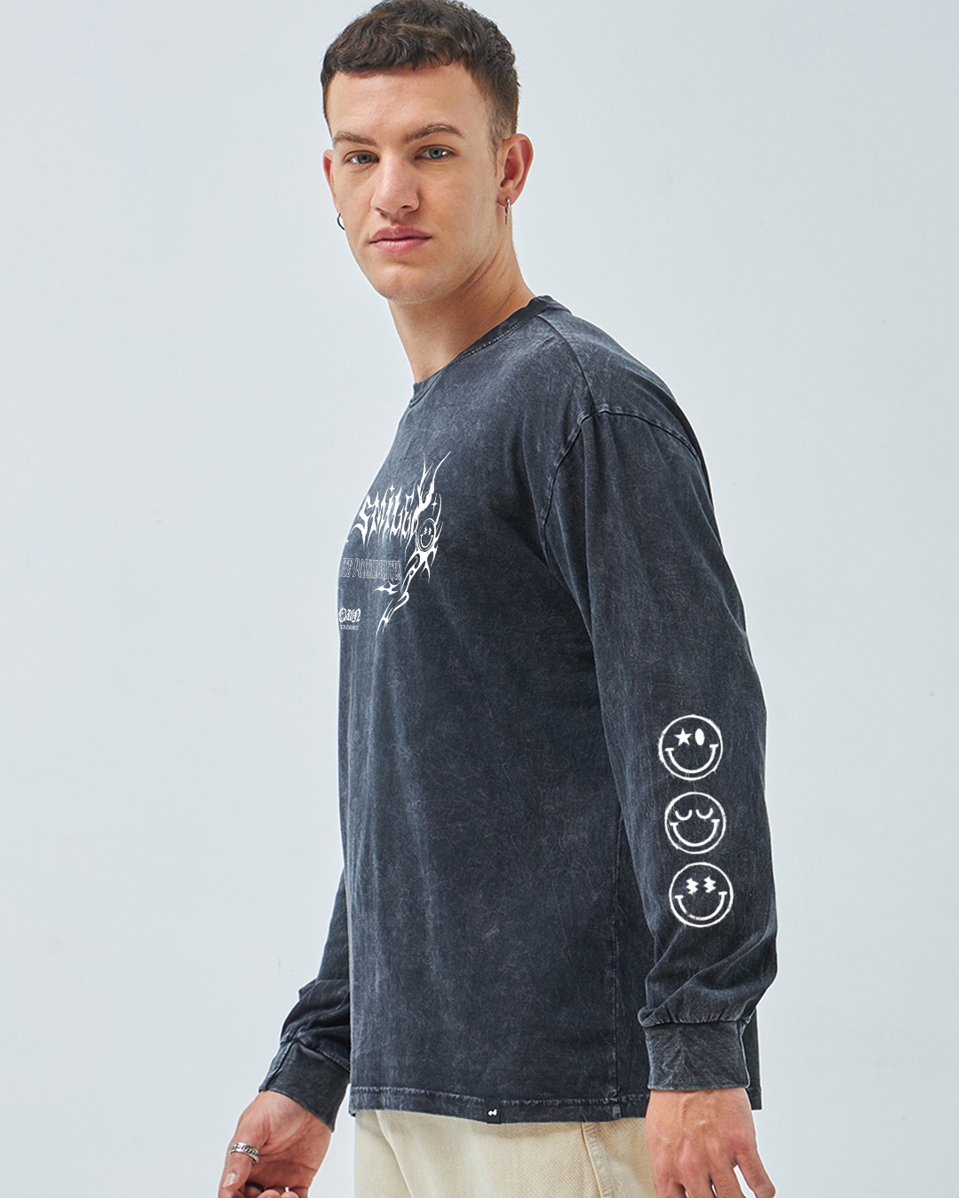 Shop S.W.Smiley Men's Black Chaos Graphic Printed Oversized Acid Wash T-Shirt-Back