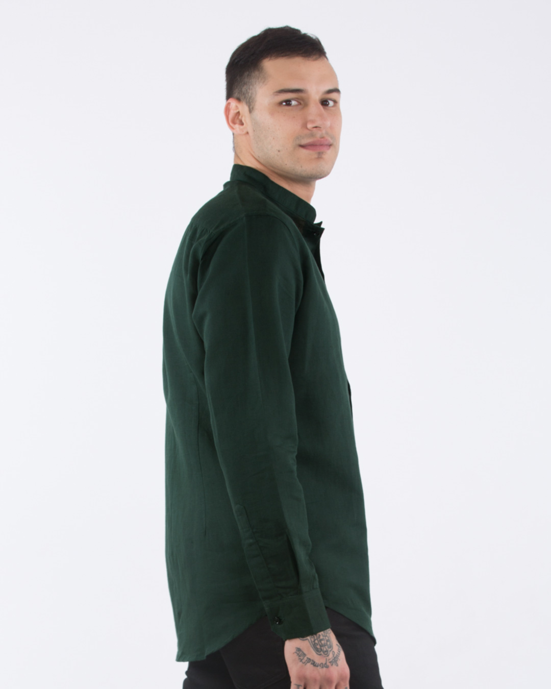 Shop Safari Green Cotton Linen Mandarin Collar Shirt-Back