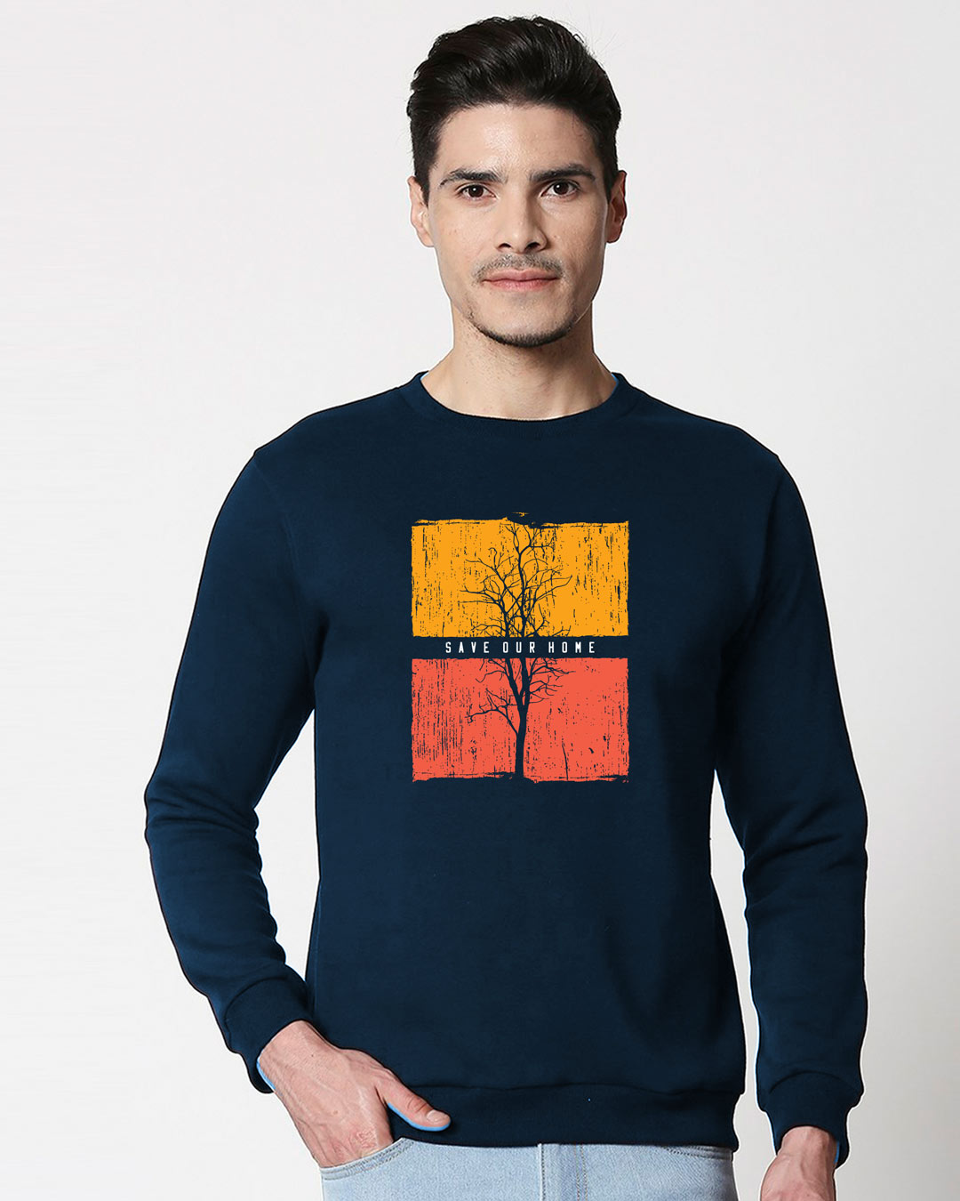 

Save Our Home Fleece Sweater Men' Printed Fleece Sweater Bewakoof.com, Blue