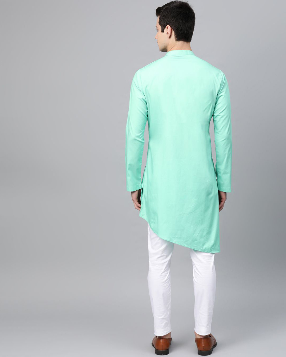 Shop Sea Green Solid Straight Kurta With Yoke Thread Work With Kurta Pyjama-Back